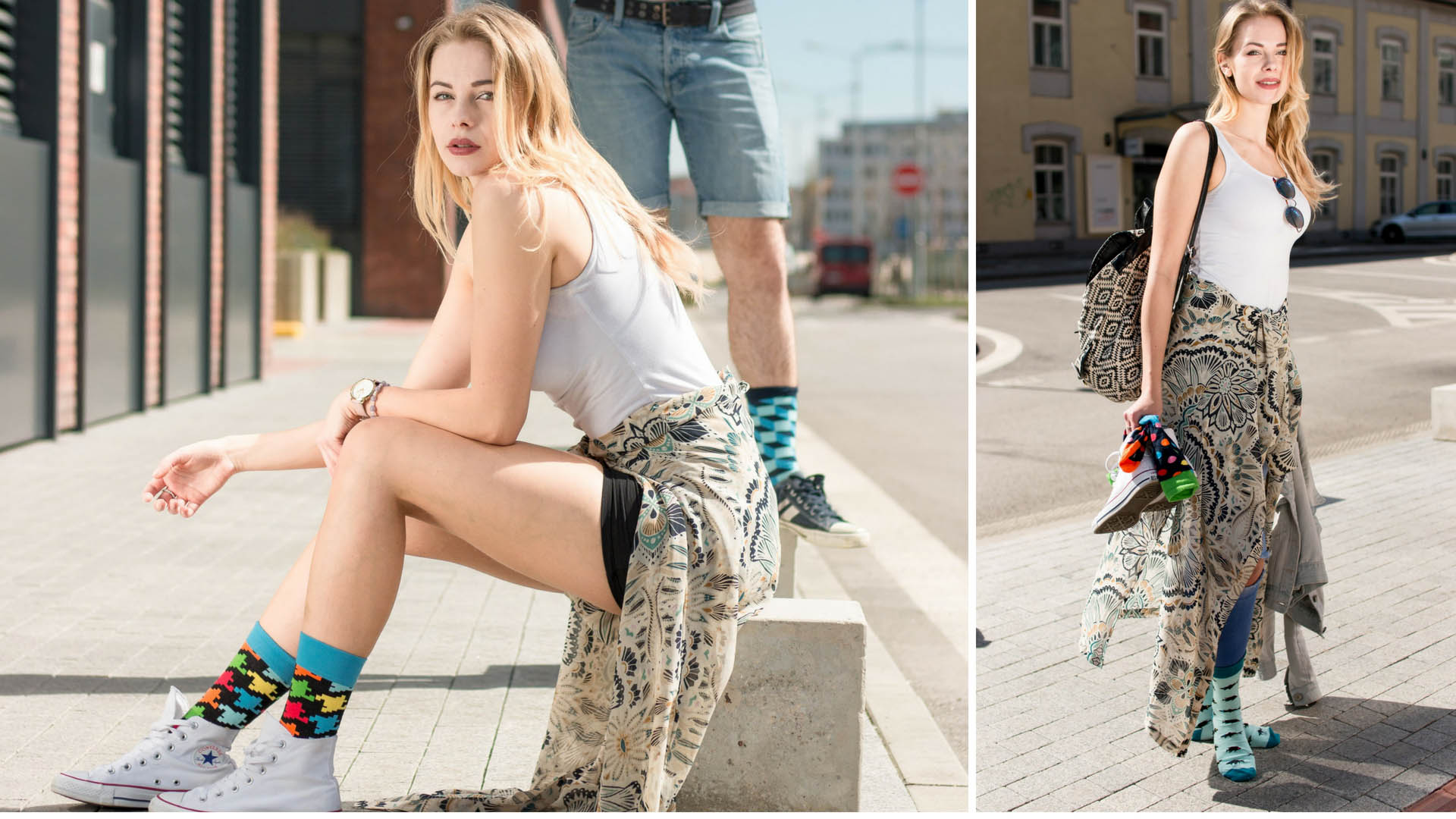 Model posiert in bunten Socken